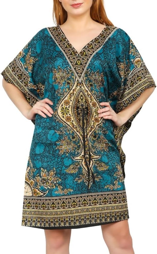 Short Kaftan Beach Cover ups Dresses for Women Ladies Dashiki African Caftan Loungewear Free Size (Teal Blue)