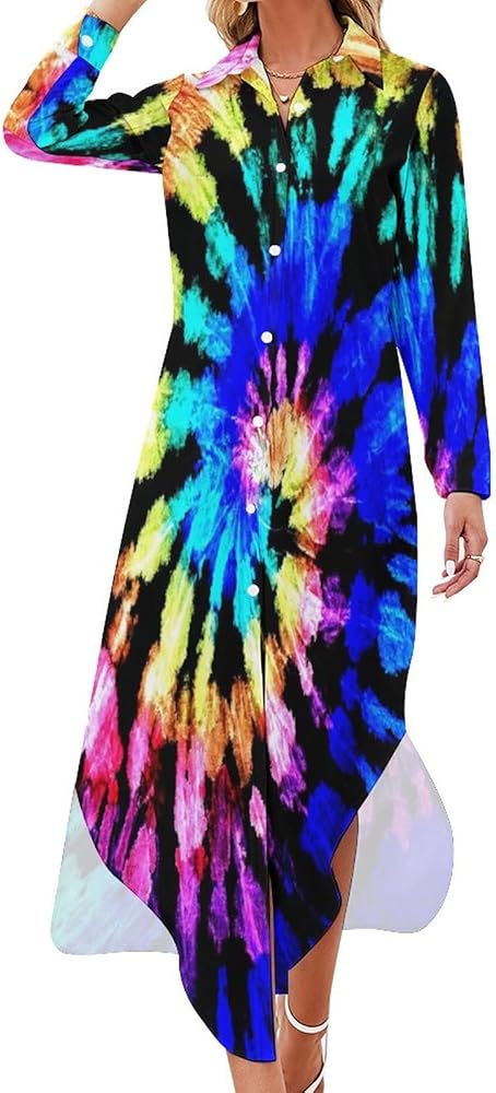 Tie Dye Pattern Shirt Dresse Knee Length Long Bikini Cover-Up Button Down Side Split V-Neck Long Sleeve Blouse Top