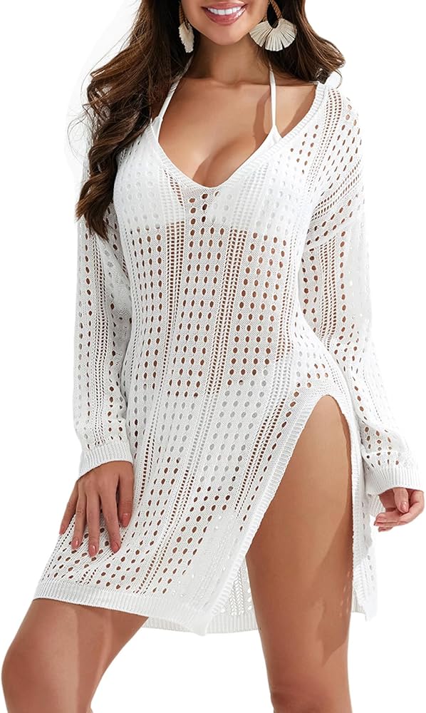 Women Swimsuit Coverup Beach Dress Crochet Bathing Side Split Loose Fit Hollow Out Swimwear Summer Dresses