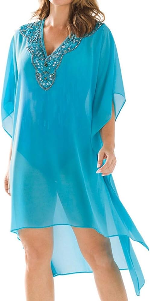 RED DOT BOUTIQUE 839 - Plus Size Swimwear Chiffon Sheer Rhinestone V Neck Kimono Beach Cover-Up Sexy Vacation Dress