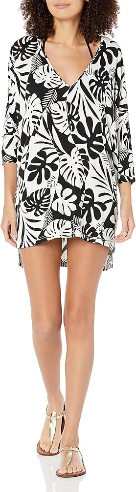 Sunshine 79 Women's Standard Short Sleeve Tunic Cover Up Dress, Black//Optic Tropic, M