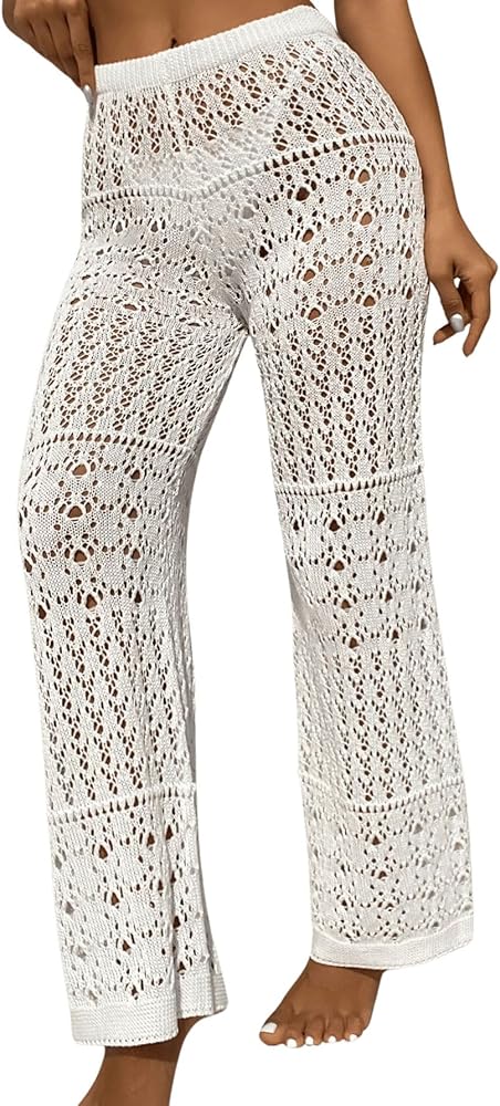 MakeMeChic Women's Hollow Out Crochet Cover Up See Through Elastic Waist Straight Leg Beach Coverup Pants