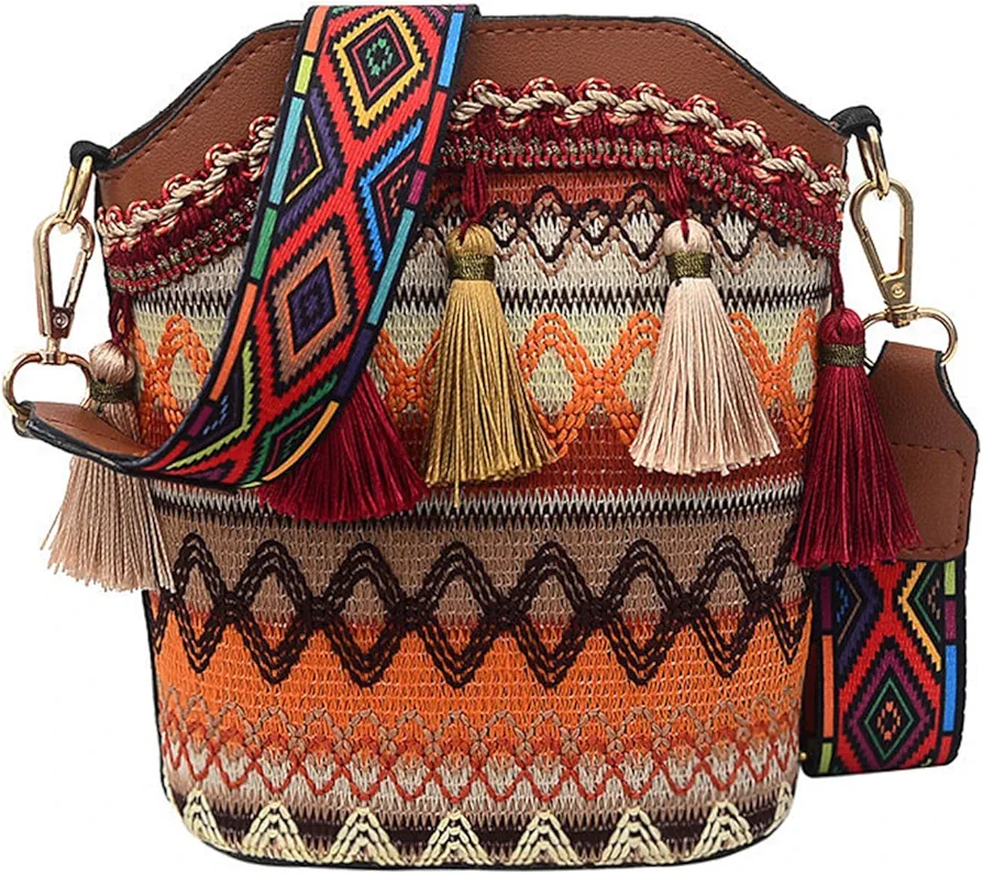 Teogneot Bolso boho de las señoras Bolso Crossbody Bolso/bolso Bordado Étnico Mujeres Regalos, marrón