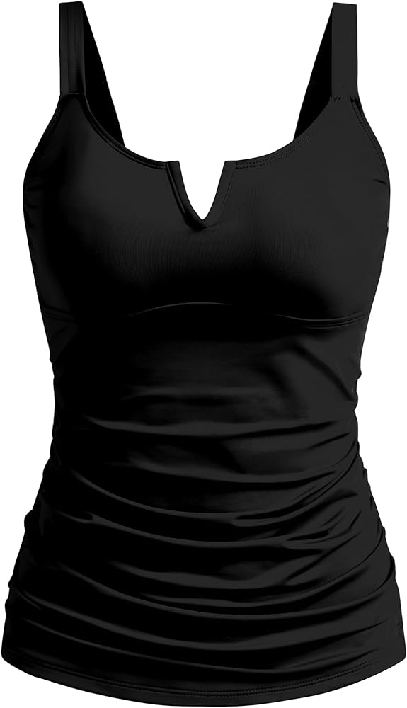 V Neck Tankini Top for Women Ruched Tummy Control Swimsuit Tops Adjustable Wide Straps Swimwear No Bottoms