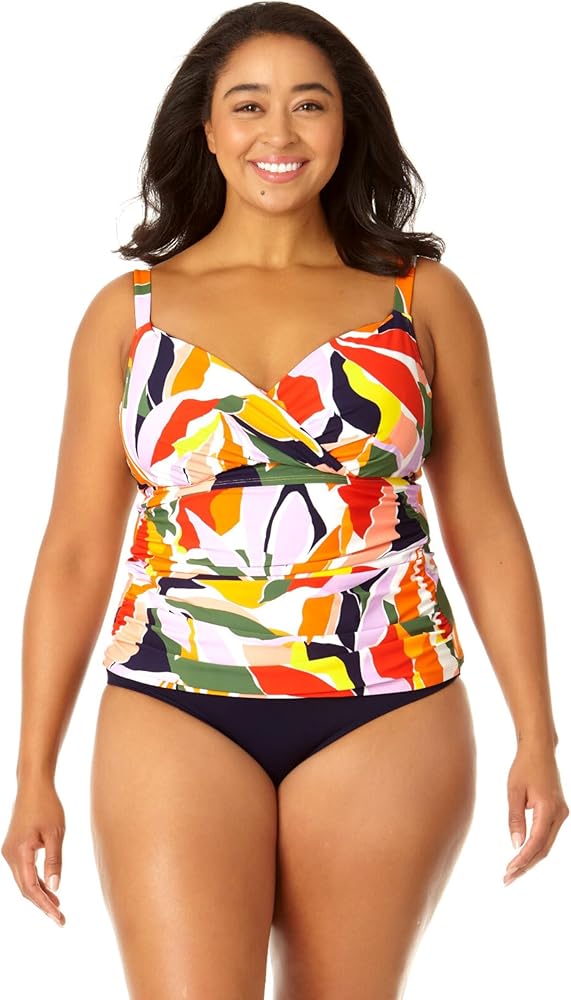 Anne Cole Plus Size Printed V-Neck Tankini Top Multi Palm Print 20W