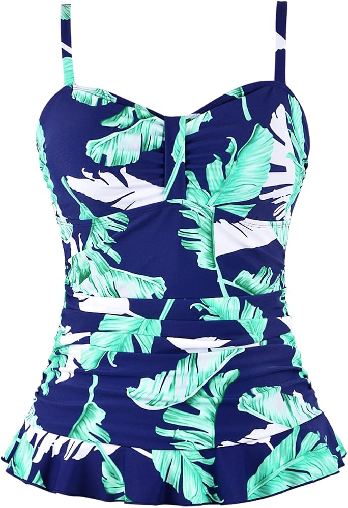 Mycoco Women's Swim Top Padded Ruffle Hem Shirred Swimwear Tankini Swimsuit Top