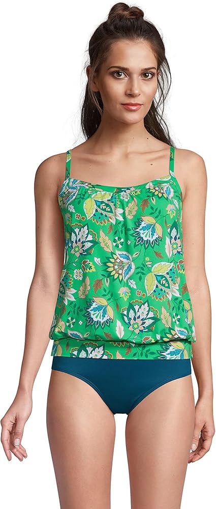 Lands' End Women's Blouson Tummy Hiding Tankini Top Swimsuit Adjustable Straps