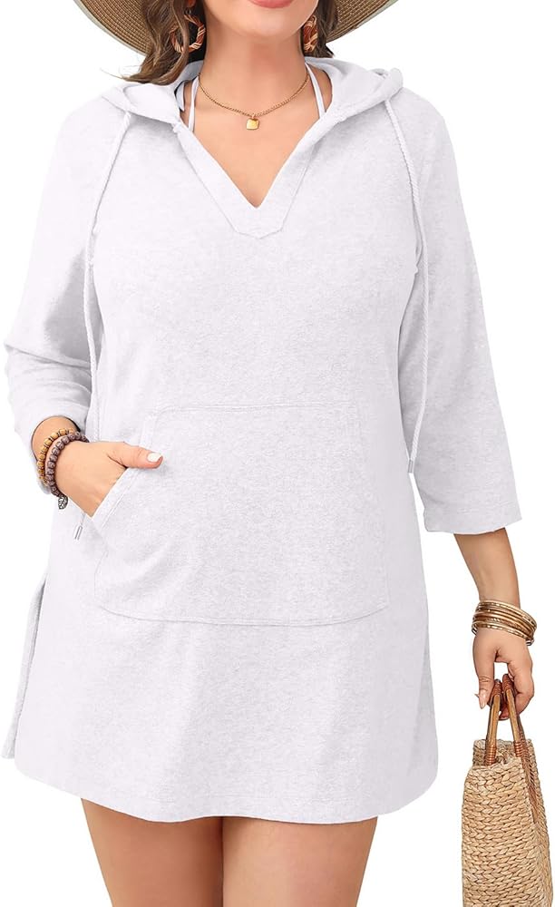 Daci Plus Size Women Terry Cloth Swimsuit Cover Up Long Sleeve Beach Bathing Suit Coverup Hooded Cotton Swim with Pockets