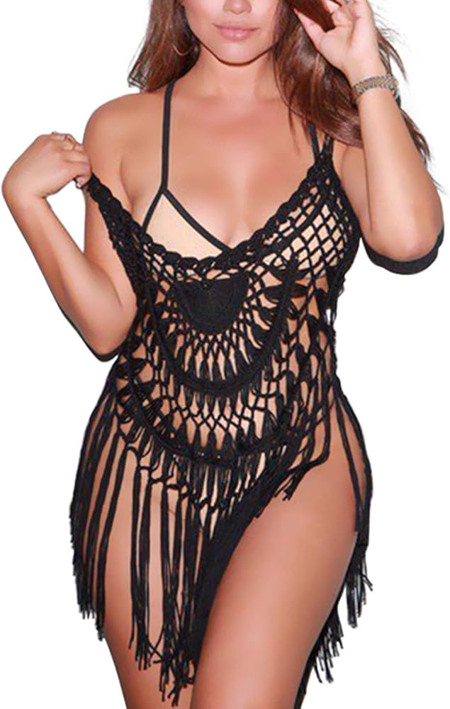 Women's Sexy Lace Bathing Suit Handmade Crochet Tassel Bikini Swimwear Cover Up Summer Beach Dress