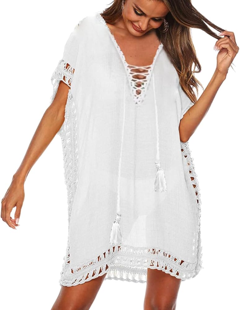 Swimsuit Cover Ups Women Lace Crochet V-Neck Summer Beach Cover Bikini Wear Coverups Dress for Swimwear Bathing Suit