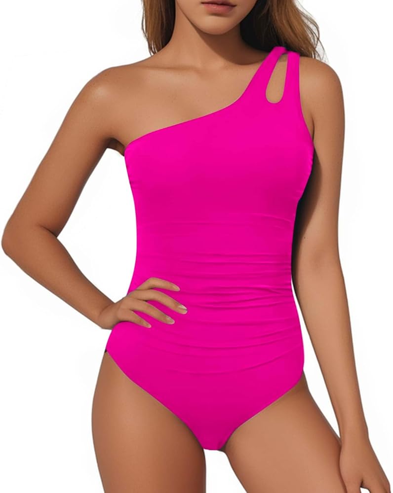 One Shoulder One Piece Swimsuits for Women Sexy Lace Patchwork Swimwear Modest Full Coverage Bathing Suits Surfsuit