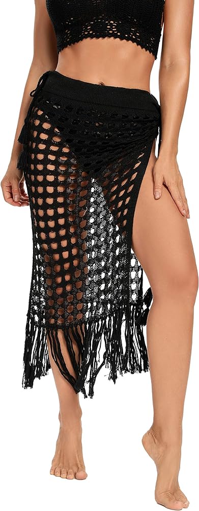 Beach Swimsuit Skirt Cover Ups for Women Summer Sexy Tassels Hollow Out Crochet Sheer Maxi Knit Skirts