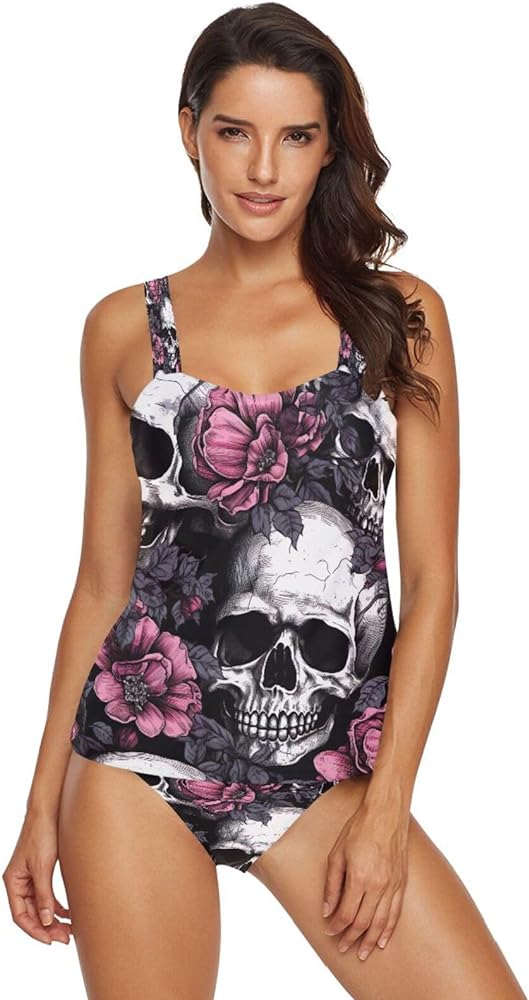 Skull Tankini Swimsuits for Women Sexy Slimming Tummy Control Bathing Suits with Bikini Bottom,S