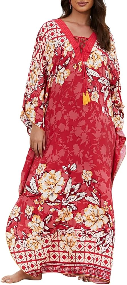 MEILING Ethnic Printed Caftans Lace-up Long Kaftan Dress Cover Up for Women Plus Size Resort Dress