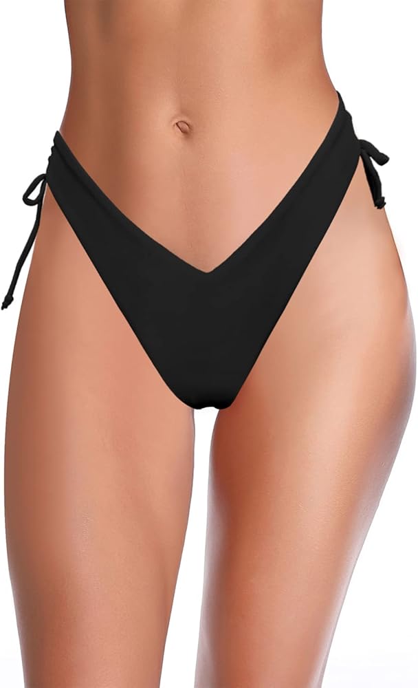 SHEKINI Women's Bikini Bottom V Cheeky High Cut Thong Tie Side Swimsuit Bottom Brazilian Swim Bottom