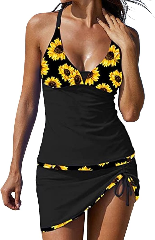 Tankini Swimsuits for Women Swim Tank Top Shorts with Skirt Tummy Control Beach Swimsuits Bathing Suits