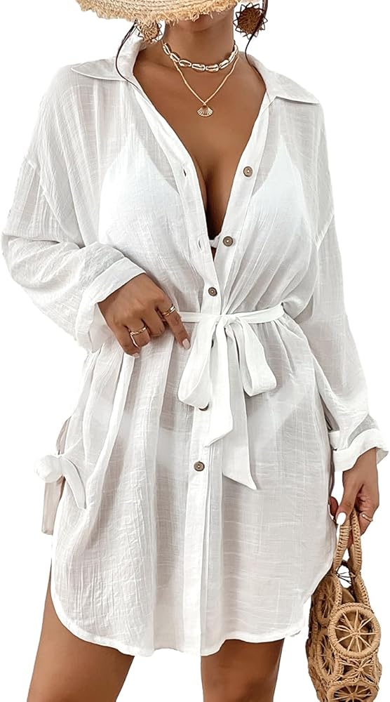 Bsubseach Sexy Beach Cover Ups for Swimwear Women Belted Shirt Dress Button Down Swimsuit Coverup