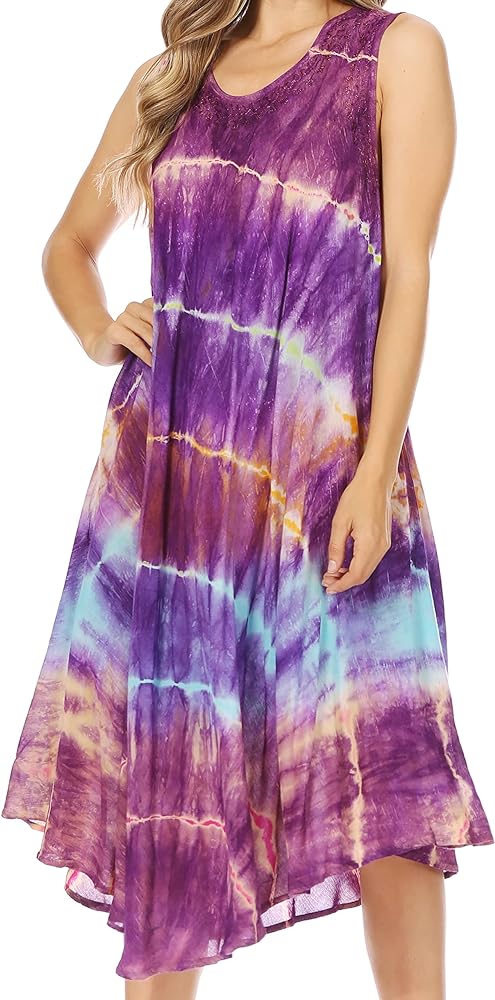 Sakkas Nora Sleeveless Embroidered Short Tie Dye Caftan Dress/Cover Up