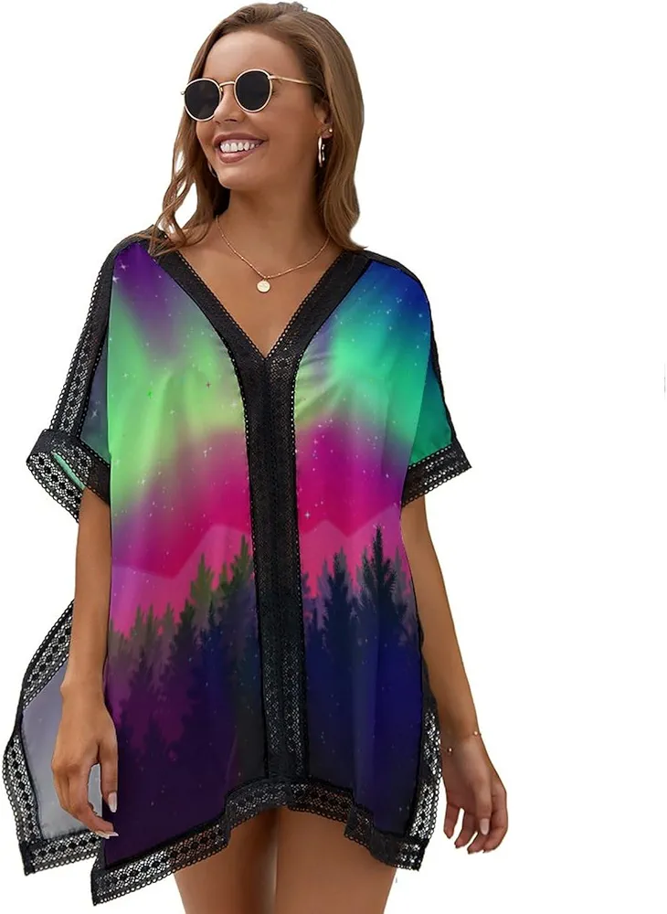 Northern Lights and Spruce Forests Women's Swimsuit Cover Up 3/4 Sleeve Beachwear Bikini Coverups Oversized Bathing Suit Dress