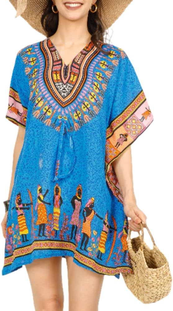 Short Kaftan Beach Cover ups Dresses for Women Ladies Dashiki African Caftan Loungewear Free Size (African Blue)