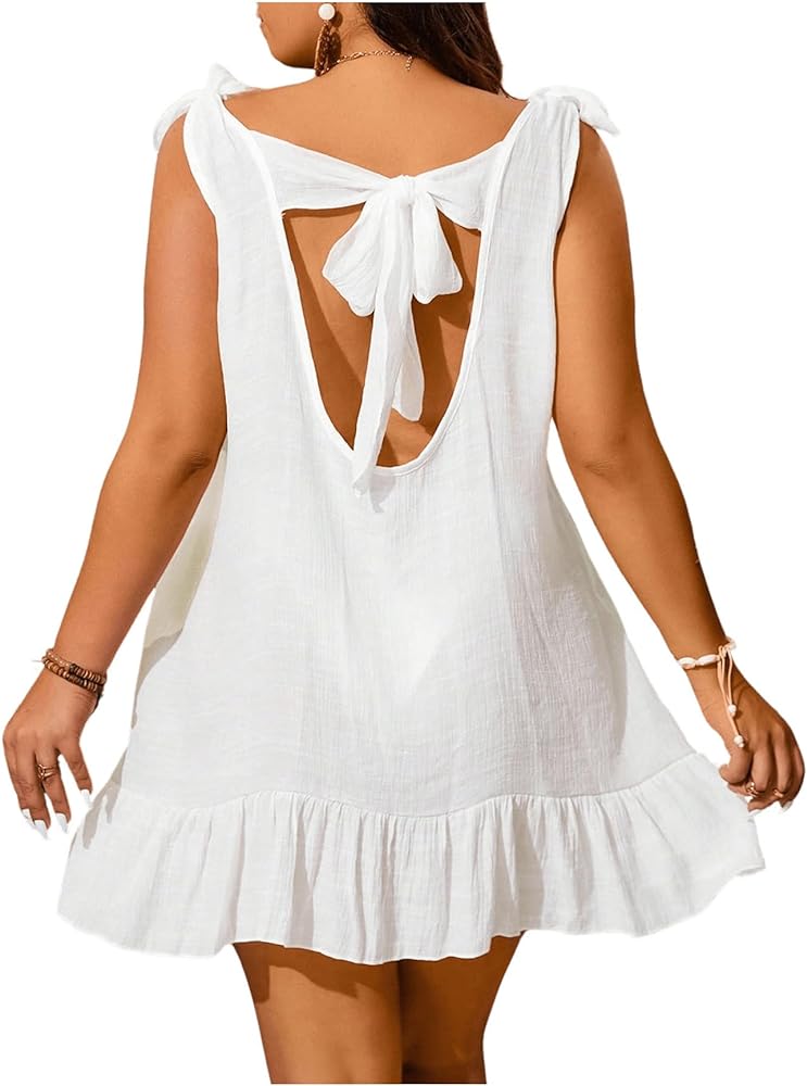 Floerns Women's Plus Size Tie Shoulder See Through Ruffle Trim Beach Cover Up Dress