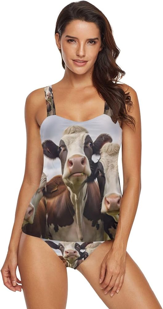 Farm Cow 2 Piece Women Tankini Swimsuit Tummy Control Sport Bathing Suit with Bikini Bottom