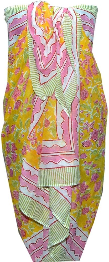 Yellow Floral Block Print Light Weight Cotton Beach Wrap Sarong Bikini Cover Up Pareo Beach Lovers Gift