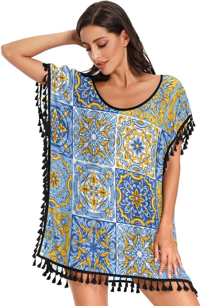 Portuguese Tile Swimsuit Coverup for Women Plus Women's Bathing Suit Cover Ups for Swimwear Women Girls Beach Dresses,S