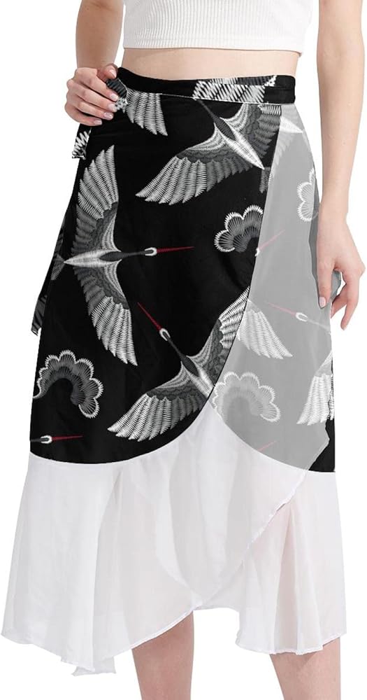 Kawaii Flowers Bunnies Birds Wrap Midi Skirt for Women Summer Beach Sarong Cover Ups Swimwear Chiffon