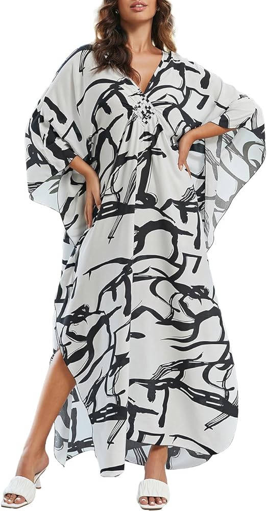 Bsubseach Caftans for Women Geometric Line Caftan Dresses Long Ethnic Caftan Loose Bathing Suit Cover Ups Mumu Dress Plus Size Vneck Kaftan Dresses