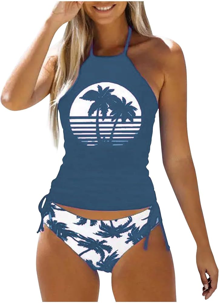 Women Summer Tankini Swimsuits Tummy Control Two Piece Palm Tree Print Bathing Suit Sleeveless Tank Top Swimwear with Shorts