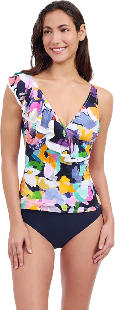 Profile by Gottex Holi Abstract Floral Print Women’s Ruffle Surplice Tankini Bathing Suit Top with Soft Cups