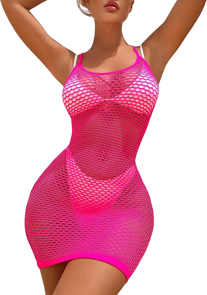 OYOANGLE Women's Fishnet Hollow Out Sleeveless Halter Cover Up Dress Summer Bathing Suit Bodycon Dresses