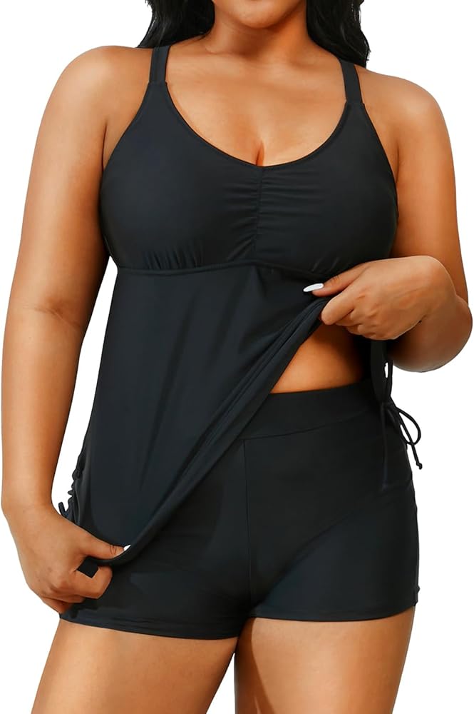 Plus Size Tankini Swimsuits for Women Two Piece Bathing Suits with Shorts Tummy Control Swimwear Black 24W