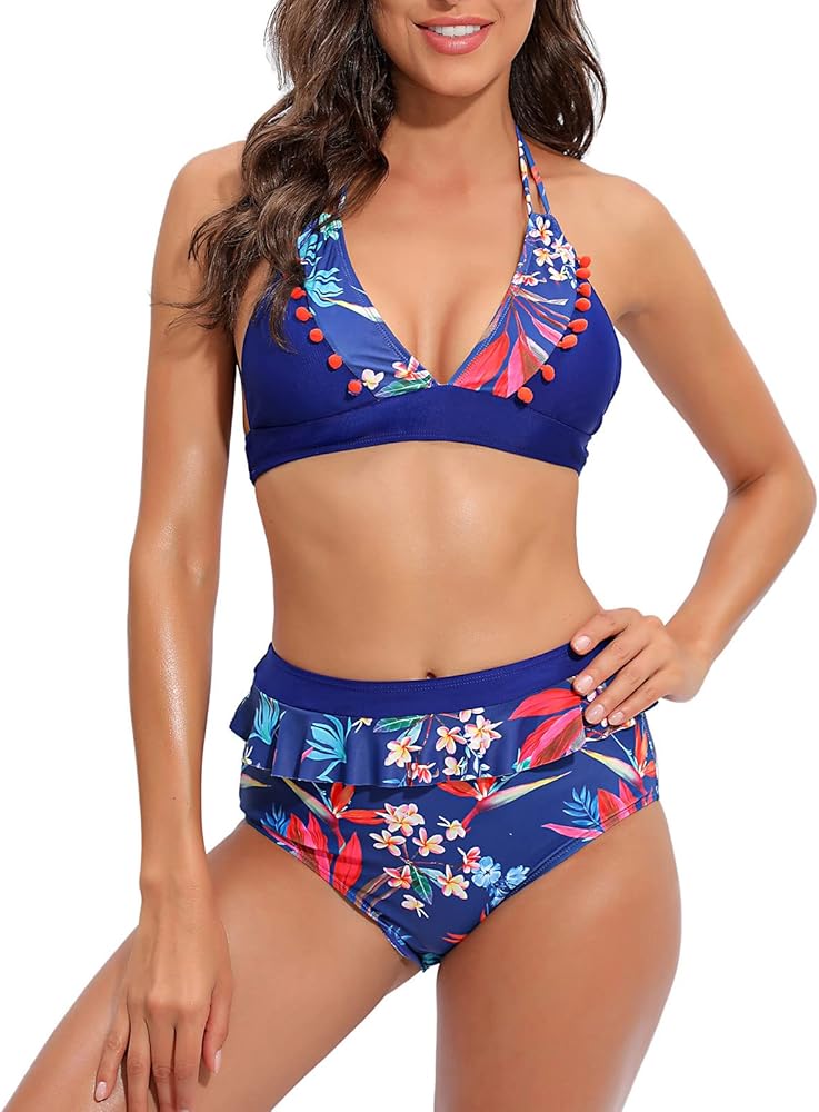 Summer Siamese Swimming Wear Women V Neck Halter Strap Beachwear Floral Print Bathing Suits Split Tankini Sets