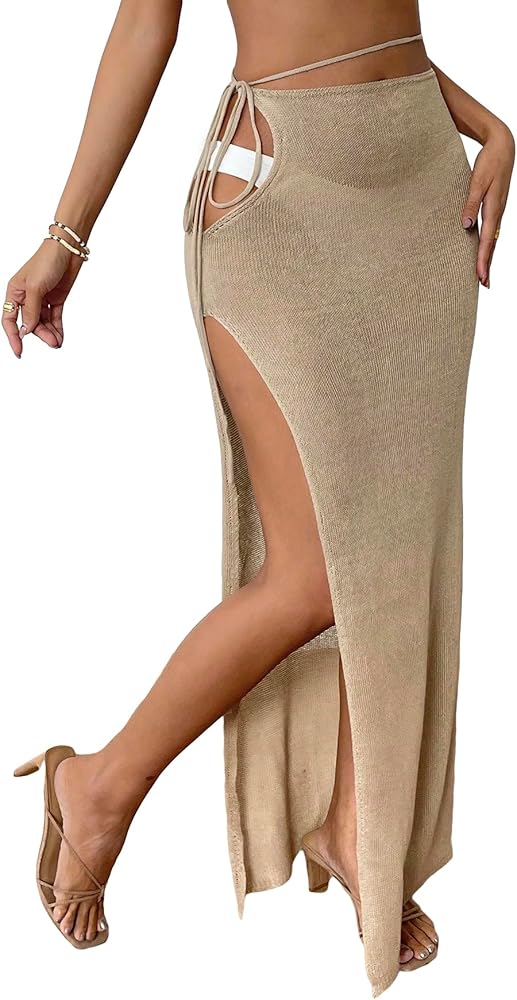 Verdusa Women's Tie Side High Split Sheer Crochet Beach Cover Up Maxi Skirt