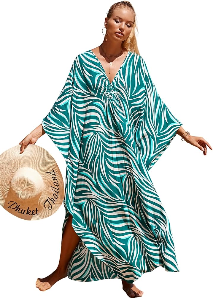 Women's Plus Size Animal Print V-Neck Batwing Kaftan Beach Dress Bathing Suit Cover-Up Loungewear