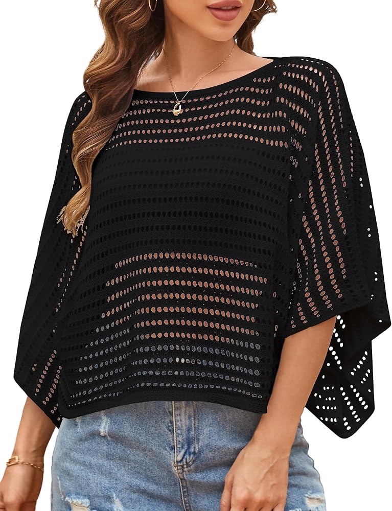 ZAFUL Women's Crochet Tops Hollow Out Knit Batwing Sleeve Sexy See Through Pullover Top Summer Mesh Beach Cover Ups