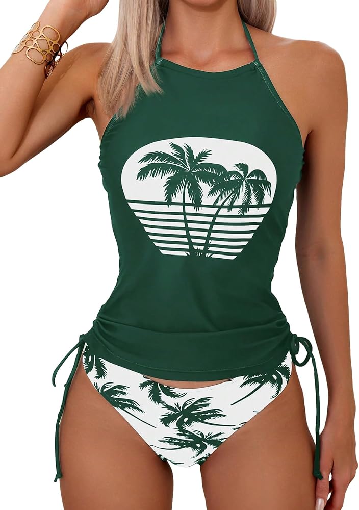 SHENHE Women's 2 Piece Tankini Swimsuit Tree Print Ruched Drawstring Halter Bathing Suit Green White Large