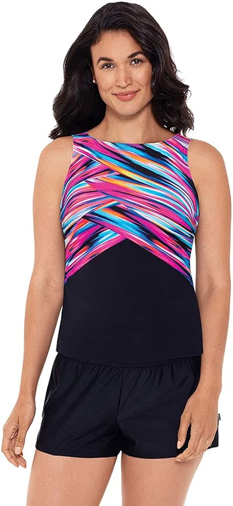 Reebok Women's Swimwear Sport Fashion High Neckline Tank Strap Soft Cup Tankini Bathing Suit Top