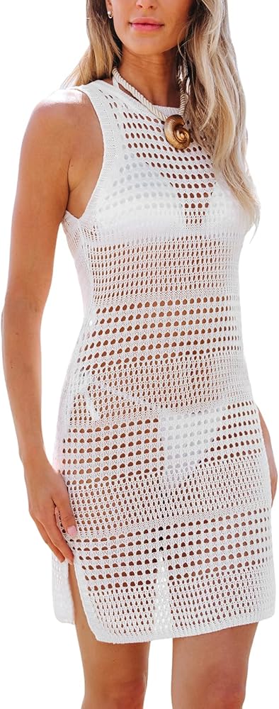 CUPSHE Women's Beach Cover Up Back Cutout Swimsuit Sleeveless Crochet Mini Dresses Vacation Outfits 2024