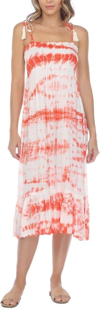 Women's Coral Tie Dye Stretch Tie Ruffled Midi Dress Smocked Adjustable Square Neck Swimsuit Cover Up M, Pink