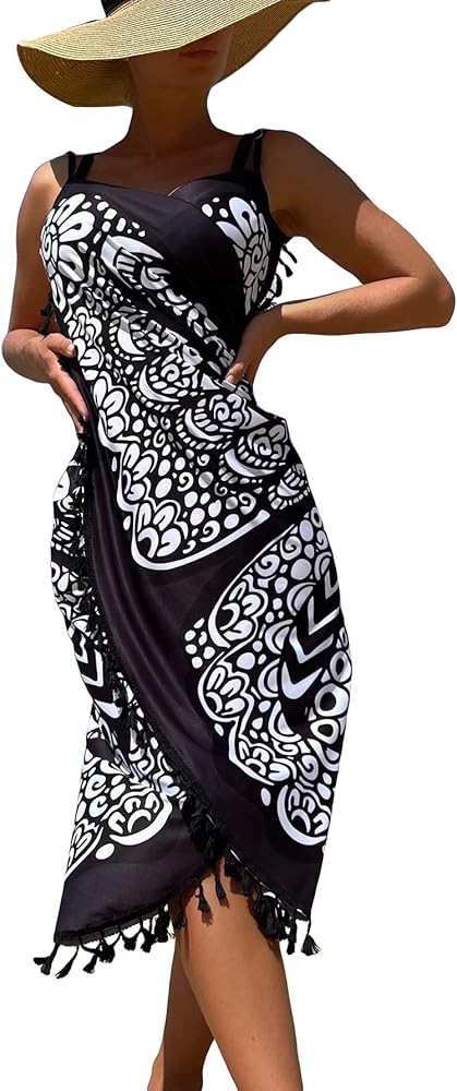 Floerns Women's Bathing Suit Beachwear Kimono Tassel Trim Cover Up Skirt