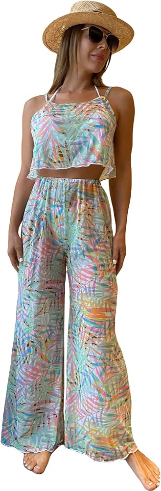 MakeMeChic Women's Beach Swimsuit Cover Up 2 Piece Tropical Print Sheer Mesh Cami Top Cover Up Pants Set