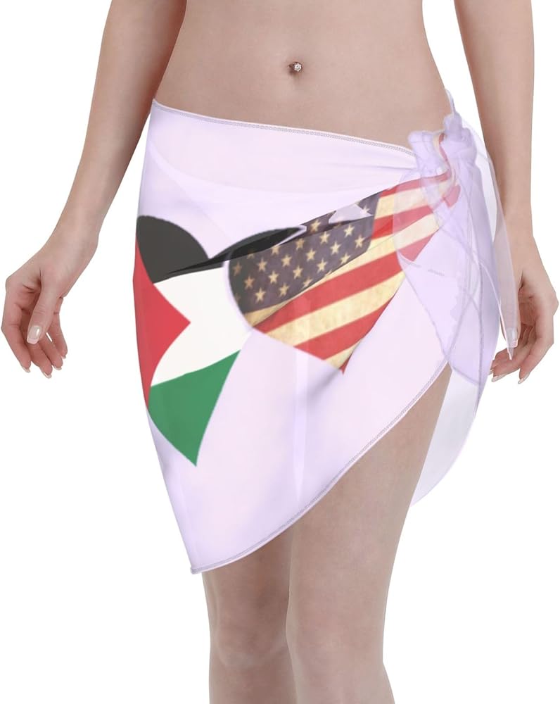 Palestine Flag and American Flag Women'S Short Sarongs Beach Wrap Skirts Chiffon Bikini Swimwear Cover Ups Pareo