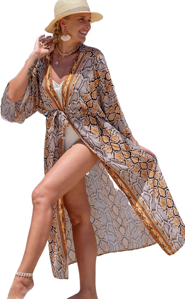 Womens Rayon Beach Kimono Cardigan with Belt Long Open Front Bathing Suit Cover Ups