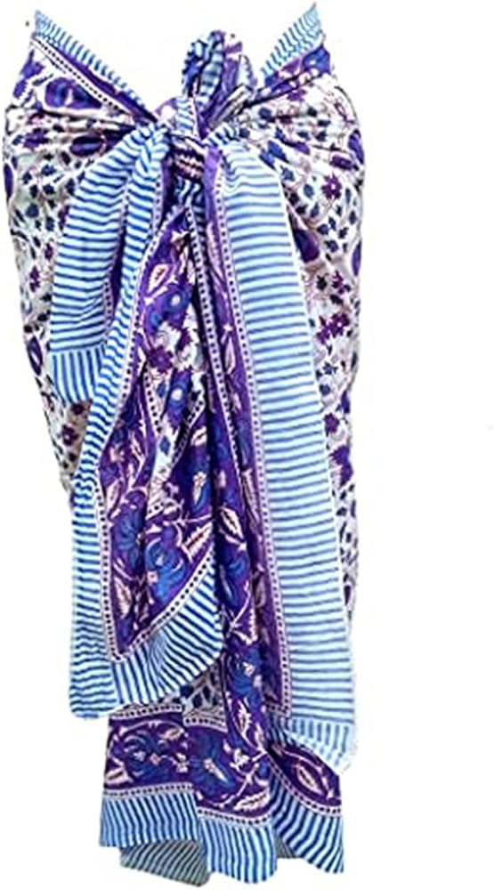 Pure Cotton Hand Block Print Sarong Womens Swimsuit Wrap Cover Up Long (73" x 44") Blue