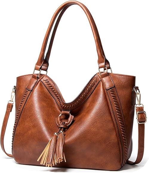 VINBAGGE Bolsos de Mujer, Bolso Shopper con Flecos Bolso Bandolera de Moda en PU Cuero Bolso de Mano para Trabajo, Diario y Fiestas,Marrón