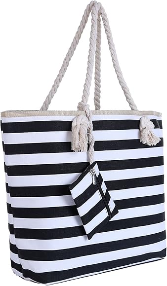 DonDon Bolsa de playa grande con cremallera 58 x 38 x 18 cm rayas marítimas negro blanco shopper bolsa de hombro bolsa de playa (beach bag)