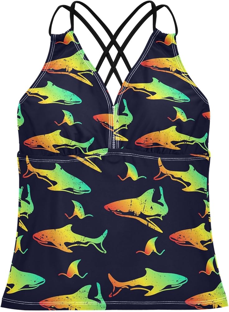 Women's Colorful Shark Tankini Top Cross Back Swimsuits V-Neck Adjustable Straps Bathing Suits Top Only